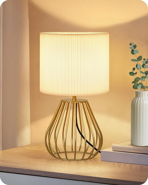 GOEBLESON Gold Table Lamp with Pleated Lampshade, 12.6" Small Bedside Lamp by GOEBLESON - Used condition - US$25.49