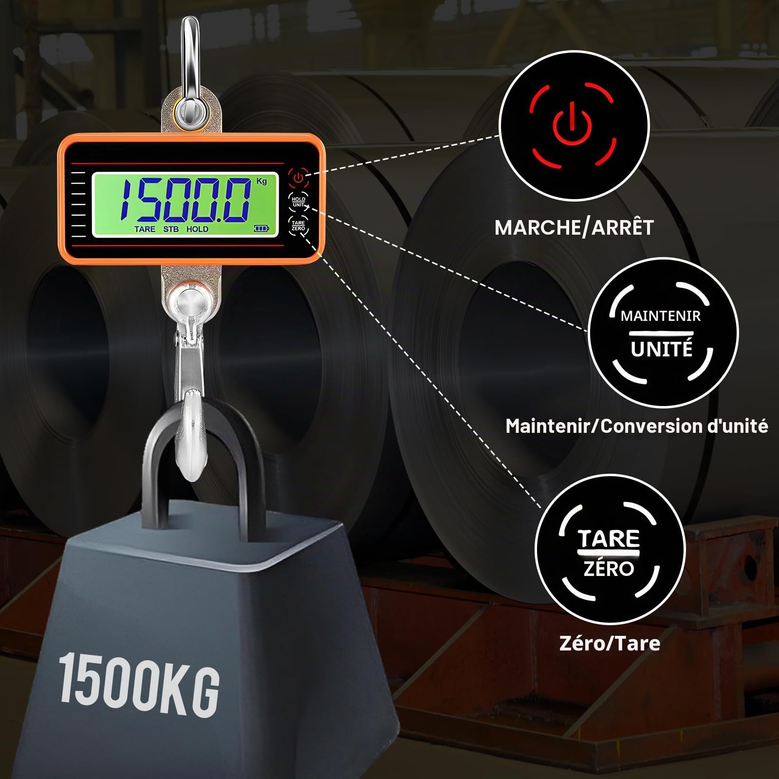 Pèson Électronique 1500 kg/3306 lbs, LCD Dynamometre, Balance à Grue Industrielle Avec Télécommande, Grue Telecommandée Pour Valise, Bagages, Pesage De Quai, Agriculture