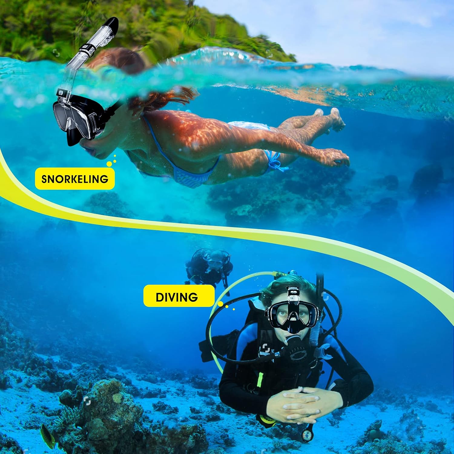 Greatever G3 Snorkel Mask,2 in 1 Foldable 180 Degree Panoramic View Diving Mask with Latest Breathing System,Anti-Fog&Anti-Leak Full Dry System Snorkeling Set with Camera Mount,for Adults and Kids : Sports & Outdoors