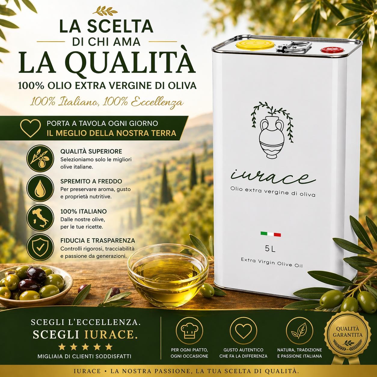 Olio Extravergine di Oliva 100% Italiano – Calabria Ionica – Blend Pregiato di Carolea, Pendolino e Cultivar Locali – Estratto a Freddo – IURACE