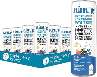 BUBBL'R triple berry breez'r, Antioxidant Sparkling Water with Natural Caffeine, 0g Sugar, Gluten Free, All Natural Flavors, 12 Fl Oz Cans, 12 Count