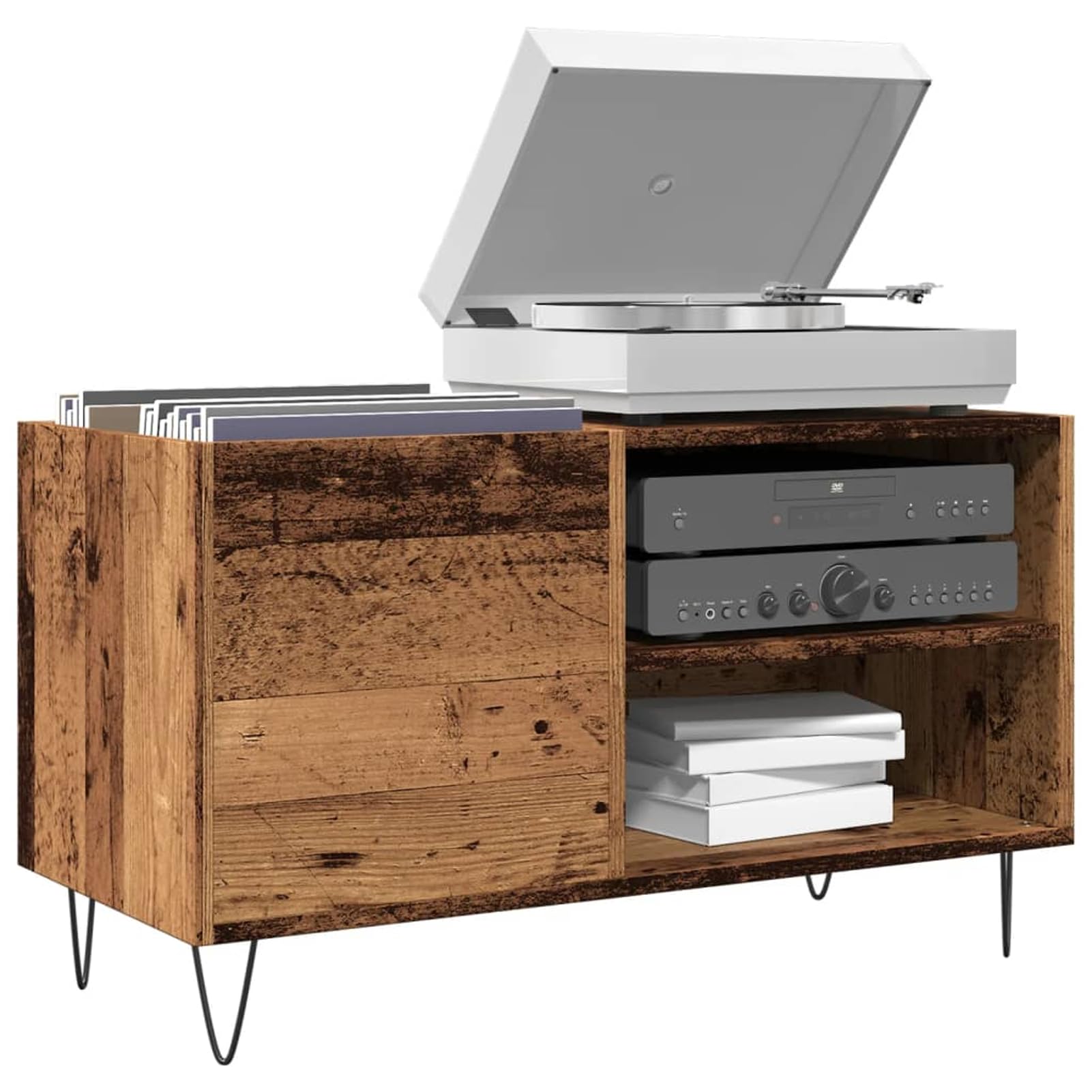 Armadio per dischi in vinile, altezza 84,5 cm, in legno con gambe in ferro effetto legno anticato, per collezioni in vinile