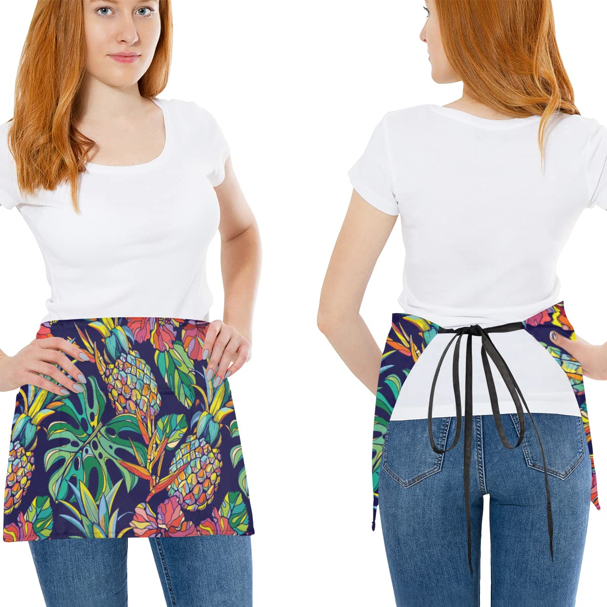 bisibuy Tropical Leaves Pineapple 3 Pack Server Aprons with 3 Pockets, Colorful Waitress Waiter Wasit Apron for Women Men Restaurant Bistro Cafe Bars Half Aprons Waitress Server Accessories