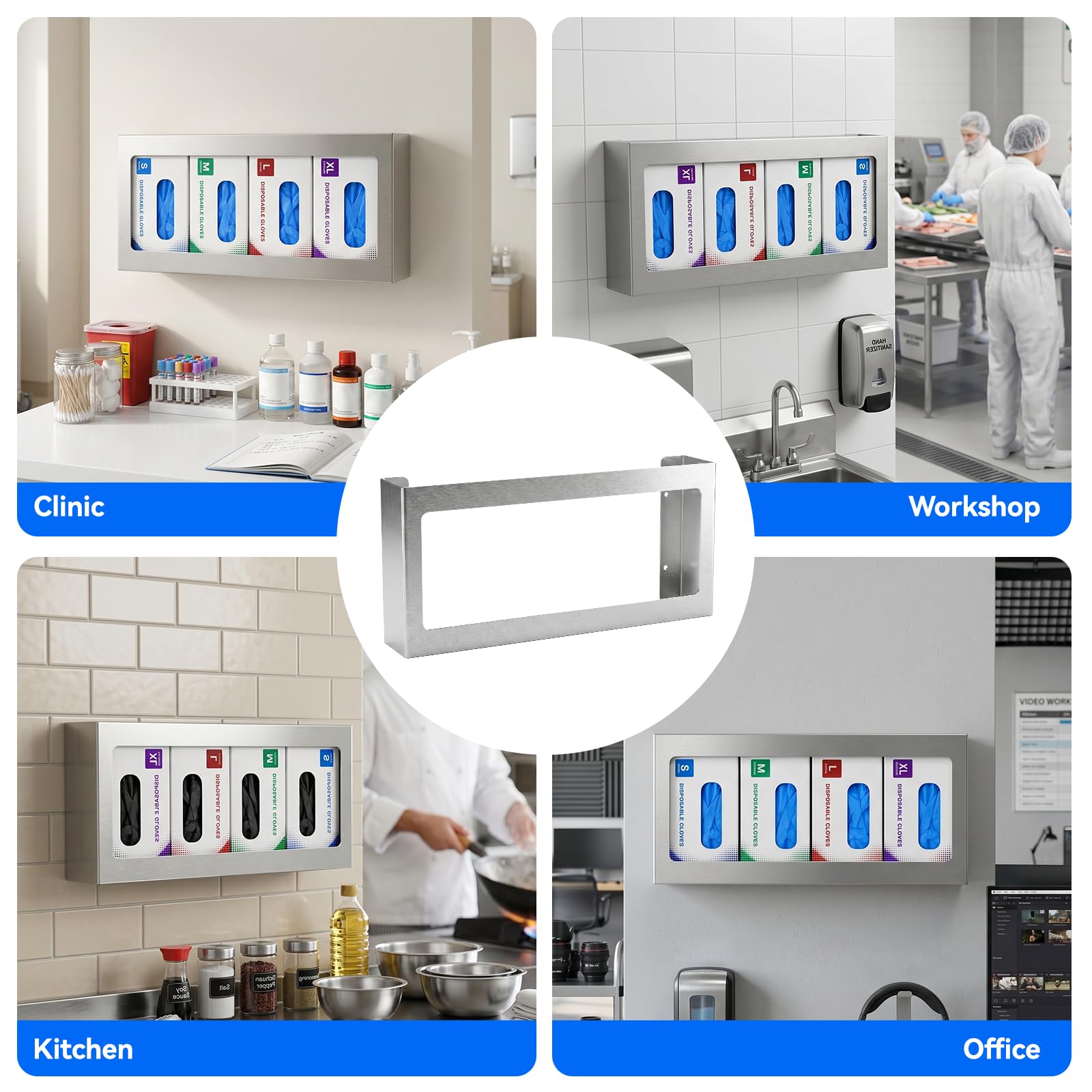 Soporte dispensador de guantera, organizador de 4 cajas montado en la pared con clips de montaje adhesivos, soporte desechable de acero inoxidable para laboratorio, clínica, cocina y taller, 1