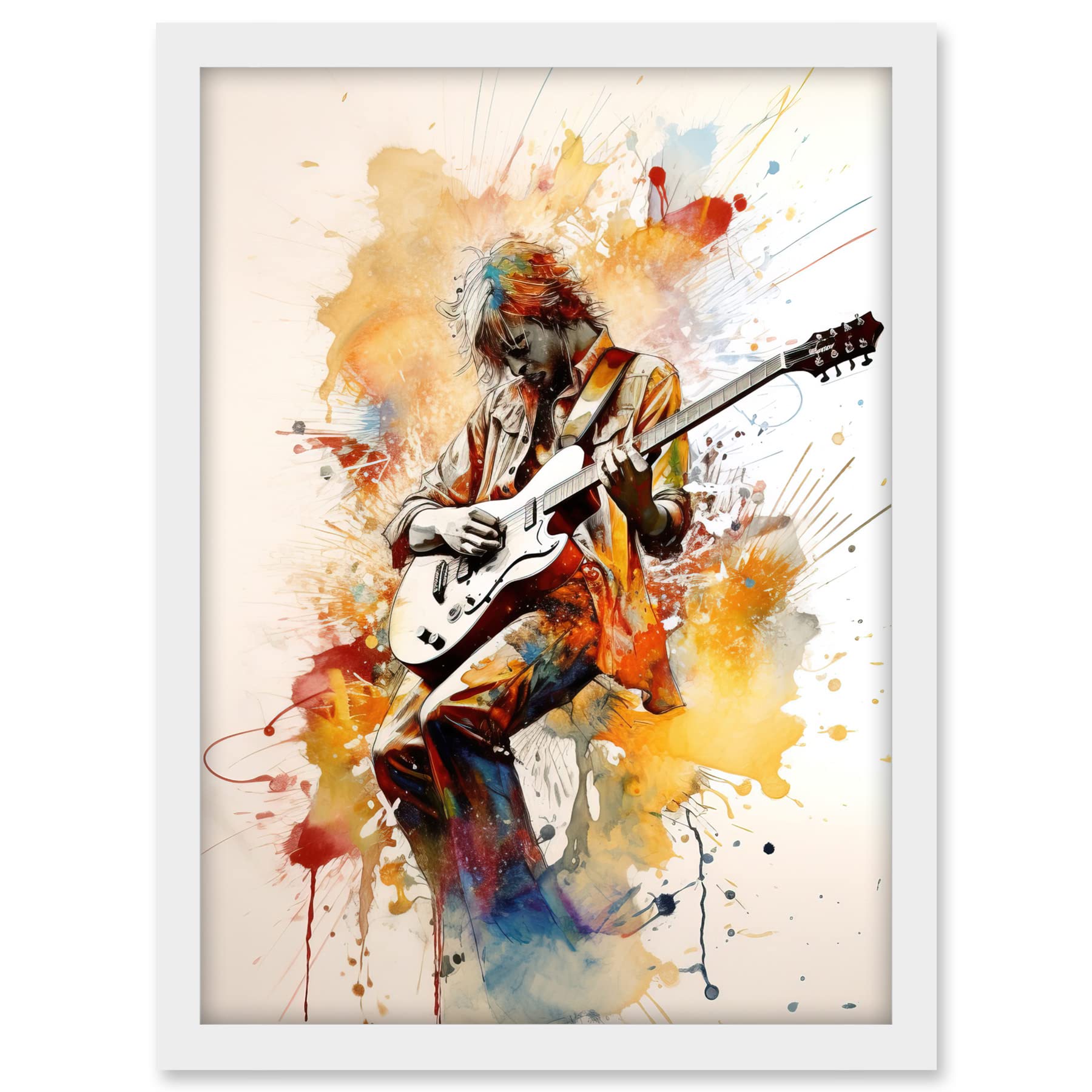 Artery8 Guitarist Musician Playing Solo on Electric Guitar Modern Watercolour Illustration Artwork Framed A3 Wall Art Print
