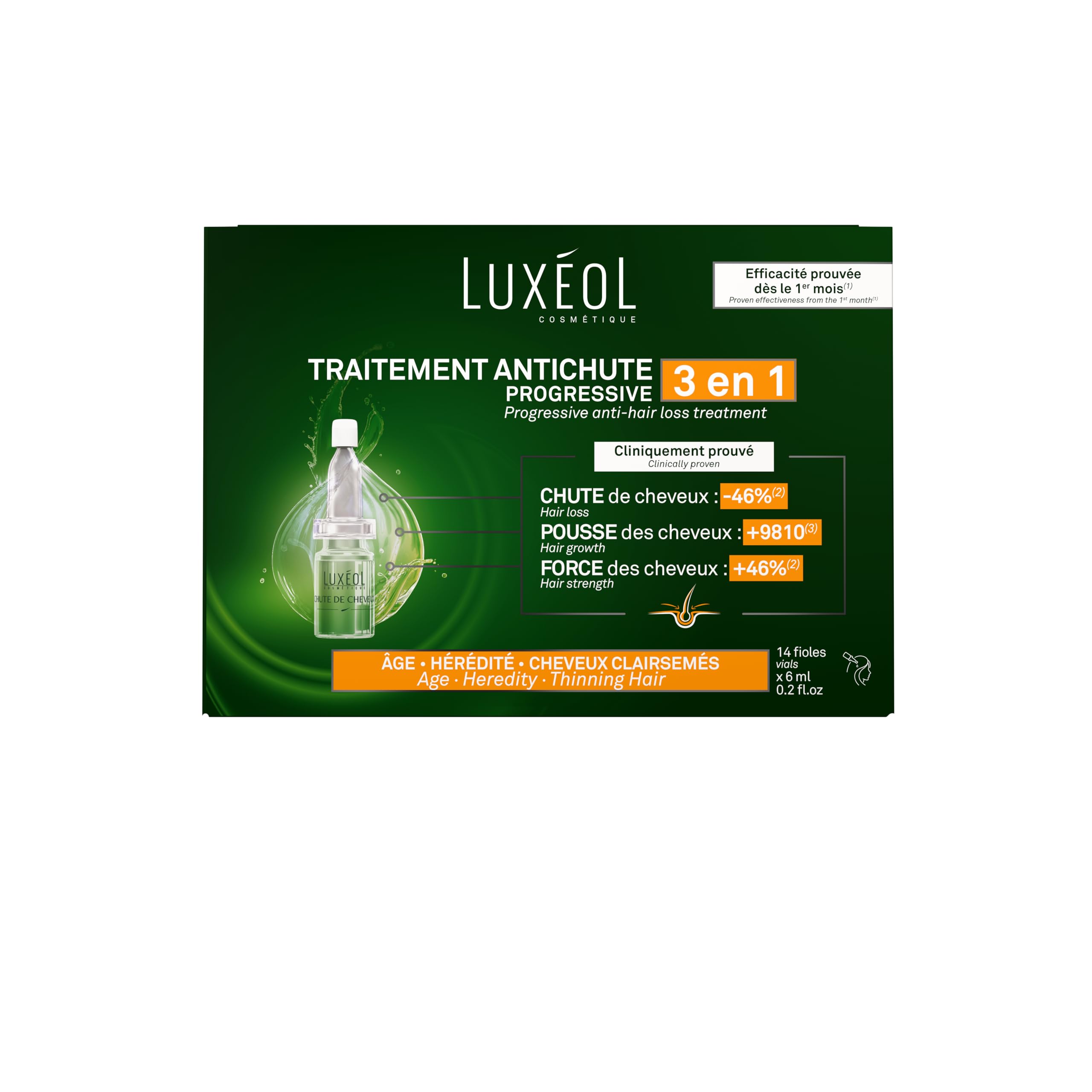 Luxéol - Traitement Antichute Progressive 3 En 1 - Favorise La Pousse & Diminue La Perte de Cheveux - Densifie La Chevelure - Fabriqué En France - Programme Cheveux 1 Mois - 14 Fioles De 6 ml