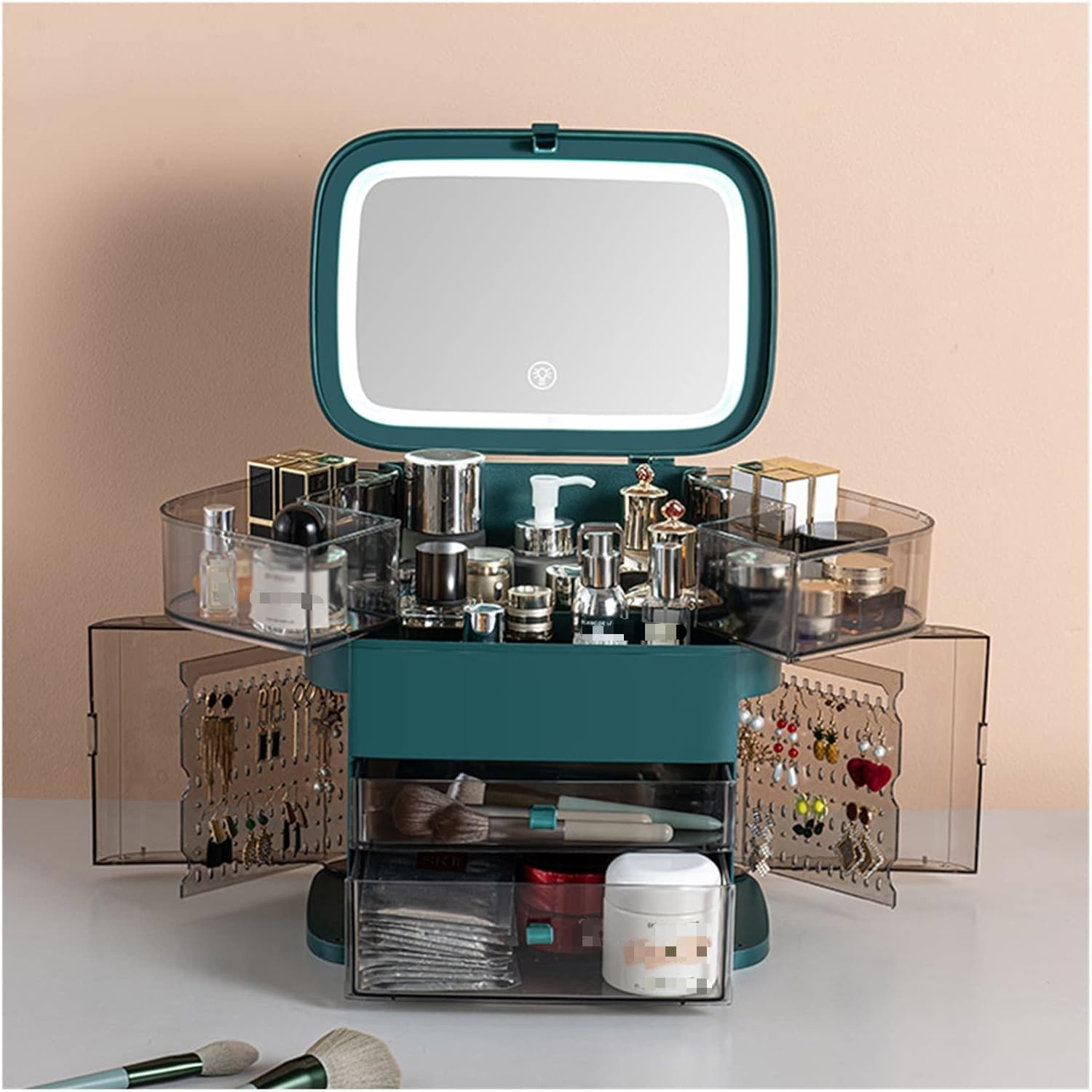 Scatola portaoggetti per Cosmetici Antipolvere con Specchio a LED, Organizer Impermeabile di Grande capacità con cassetti per Esposizione di Cosmetici (Verde 30 * 23 * 31 cm)