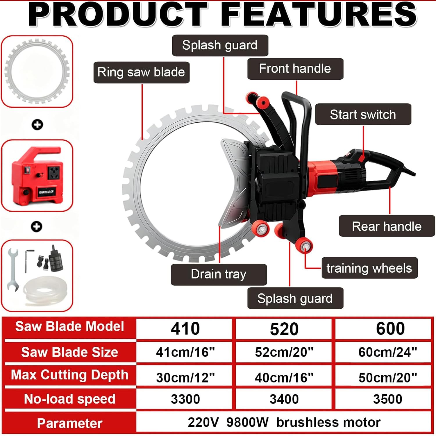 Sierra Circular Eléctrica Sin Escobillas De 9800 W para Hormigón Y Mampostería, con Profundidad De Corte De 30/40/50 Cm, Kit De Bomba De Agua, Control De Doble Empuñadura Cutting Depth 30cm