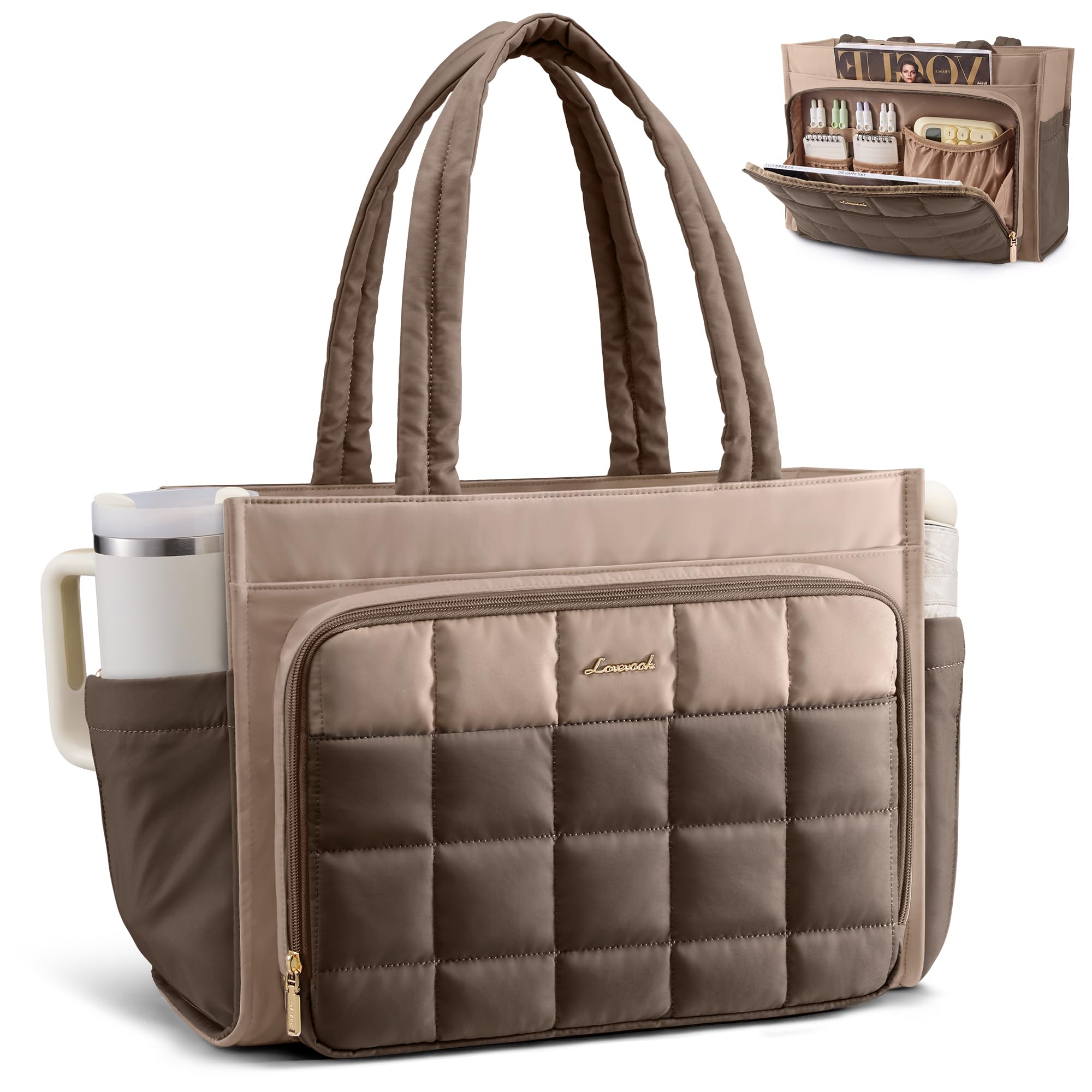 LOVEVOOK Teacher Tote Bag for Women Work Laptop Purse With Large Cup Holder | Large Puffer Nurse Handbag Bible Diaper Tote for Gifts, 15.6 Inch Waterproof Computer Bag for Business Travel Office College Beige-coffee 15.6 inch