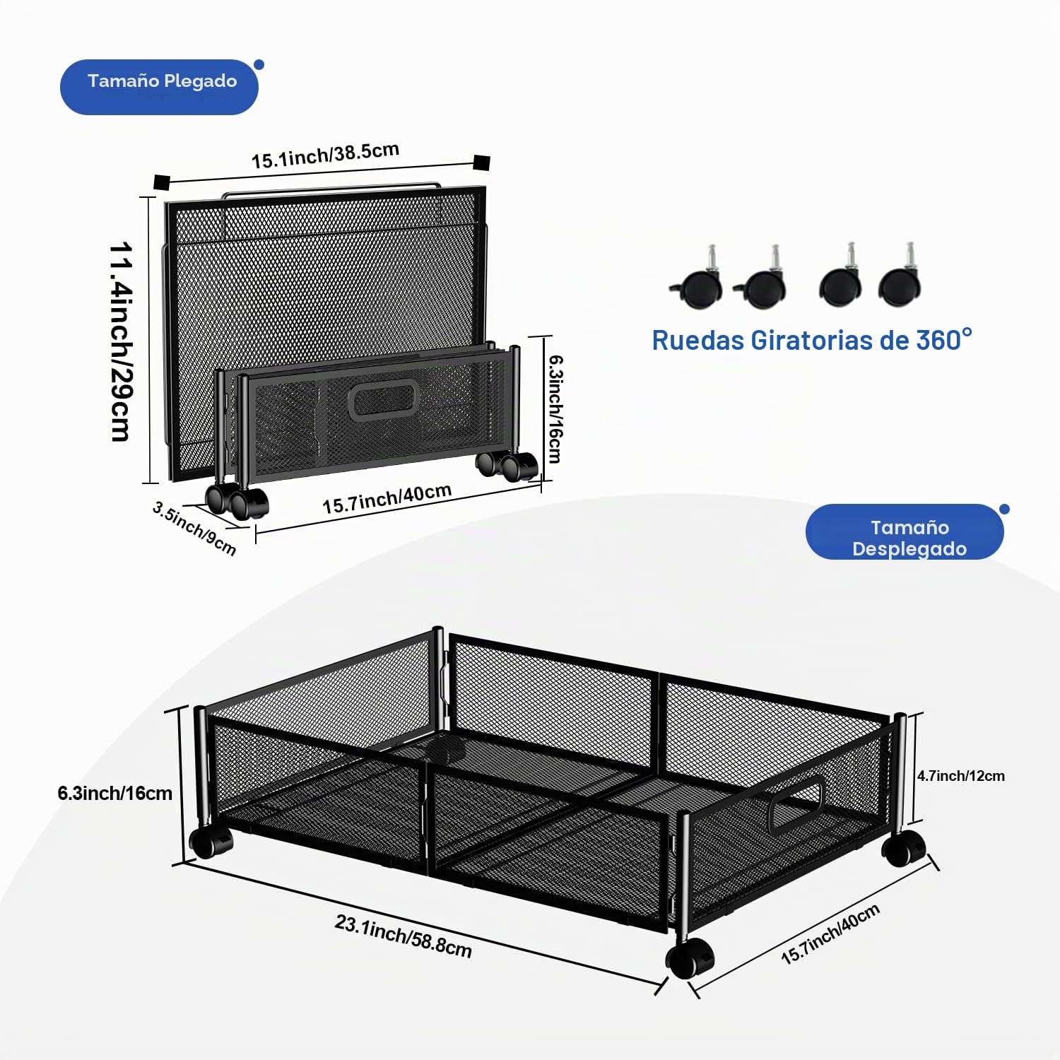 SKERELL Almacenamiento plegable debajo de la cama con ruedas y asa, organizador de metal resistente para ropa, zapatos, mantas, juguetes