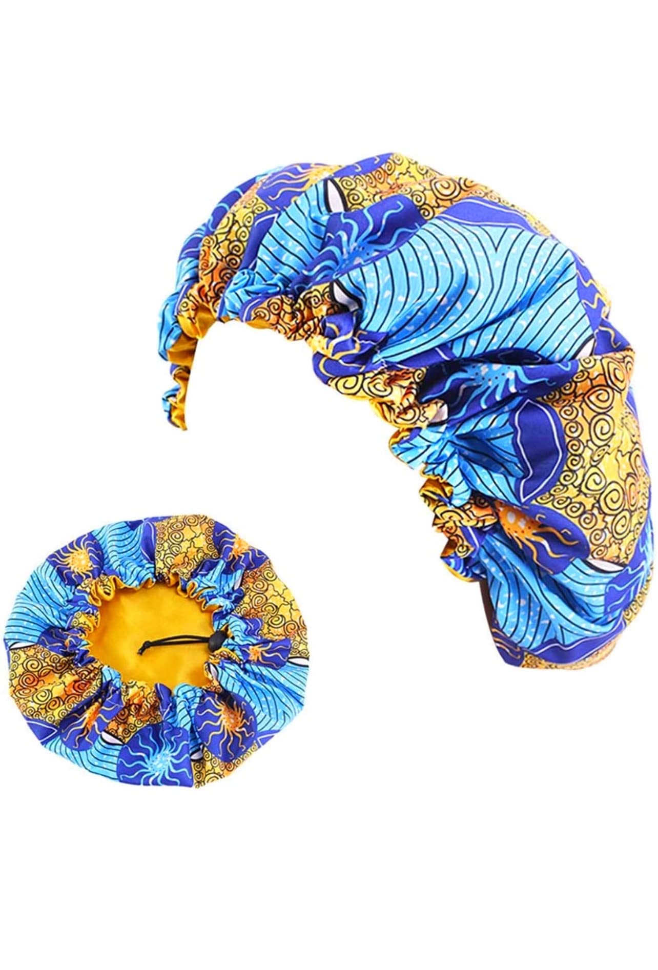 Royal Divine Services LLC - Nola Royal Queenie Elastic African Print Satin Lined Bonnet (Tulinagwe-God is with Us)- Sleep Cap, Protect Hair from Breakage, Locks in Moisture, Prevents Dryness