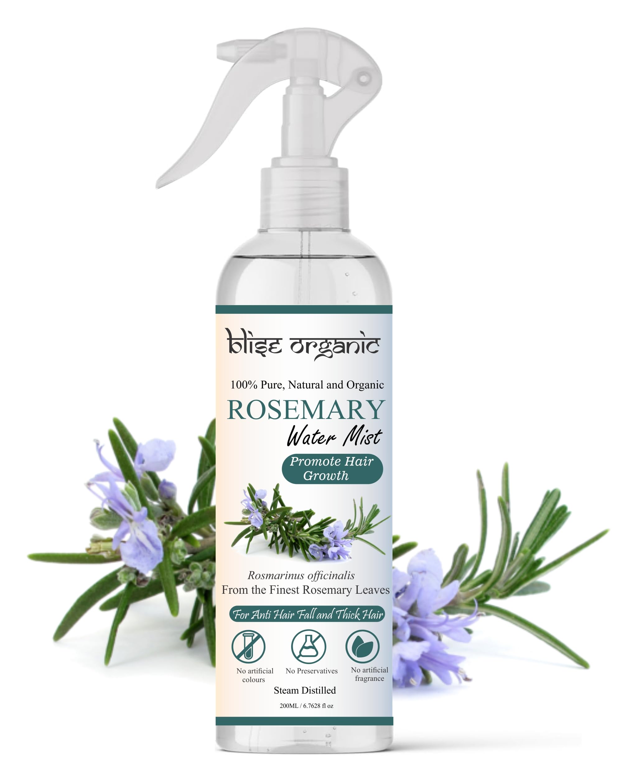 Blise organic Pure Rosemary Water Spray (Hydrosol) - 100% Pure and Natural(200ml/6.76 Fl oz), For Hair fall control, Hair Growth and overall hair health SOIL to OIL certified, Steam Distilled,