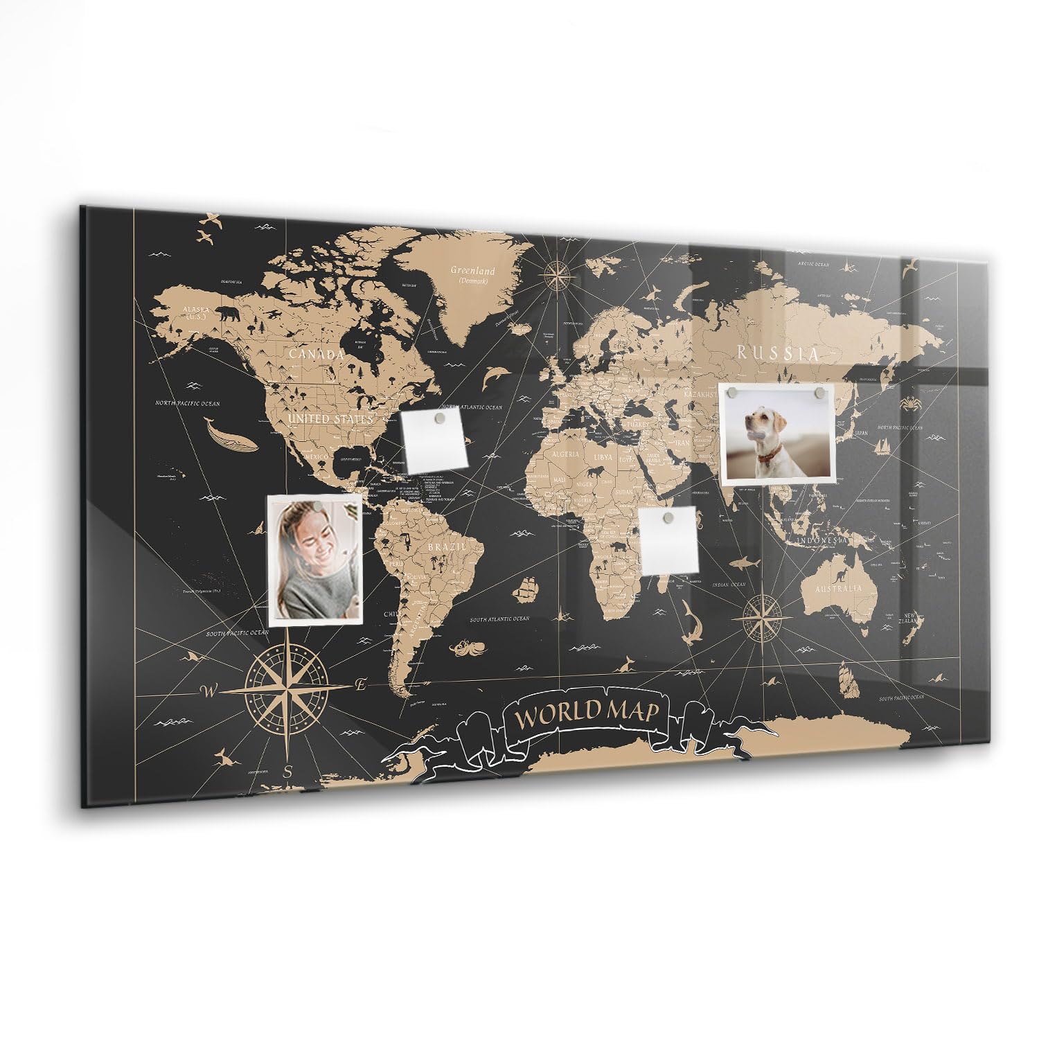 Magnettafel aus Glas mit Neodym-Magneten | Hochwertige Glasmagnettafel für Büro, Küche & Homeoffice | Schreibtafel abwischbar, kratzfest & modern im Design - 120x60cm Vintage-Weltkarte