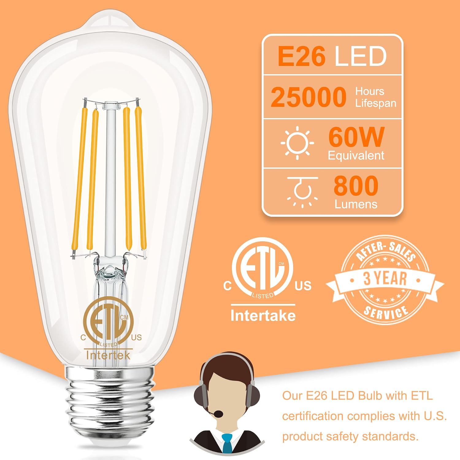 Edison Bulbs 60 Watt Equivalent, E26 LED Bulb Soft White 3000K, 800LM, 6W 120V CRI85, E26 Medium Base, ST58 Clear Vintage Light Bulbs for Living Room Dining Bathroom Vanity, Non-dimmable, Pack of 6