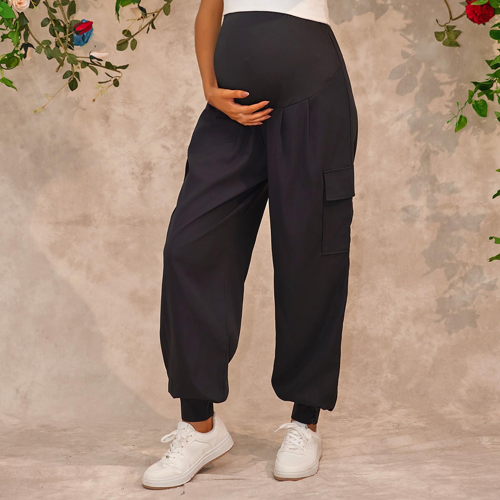 Generisch Pantalon de grossesse streetwear, pantalon cargo taille haute, jambe droite, coupe ajustée, vêtements de grossesse confortables avec plusieurs poches