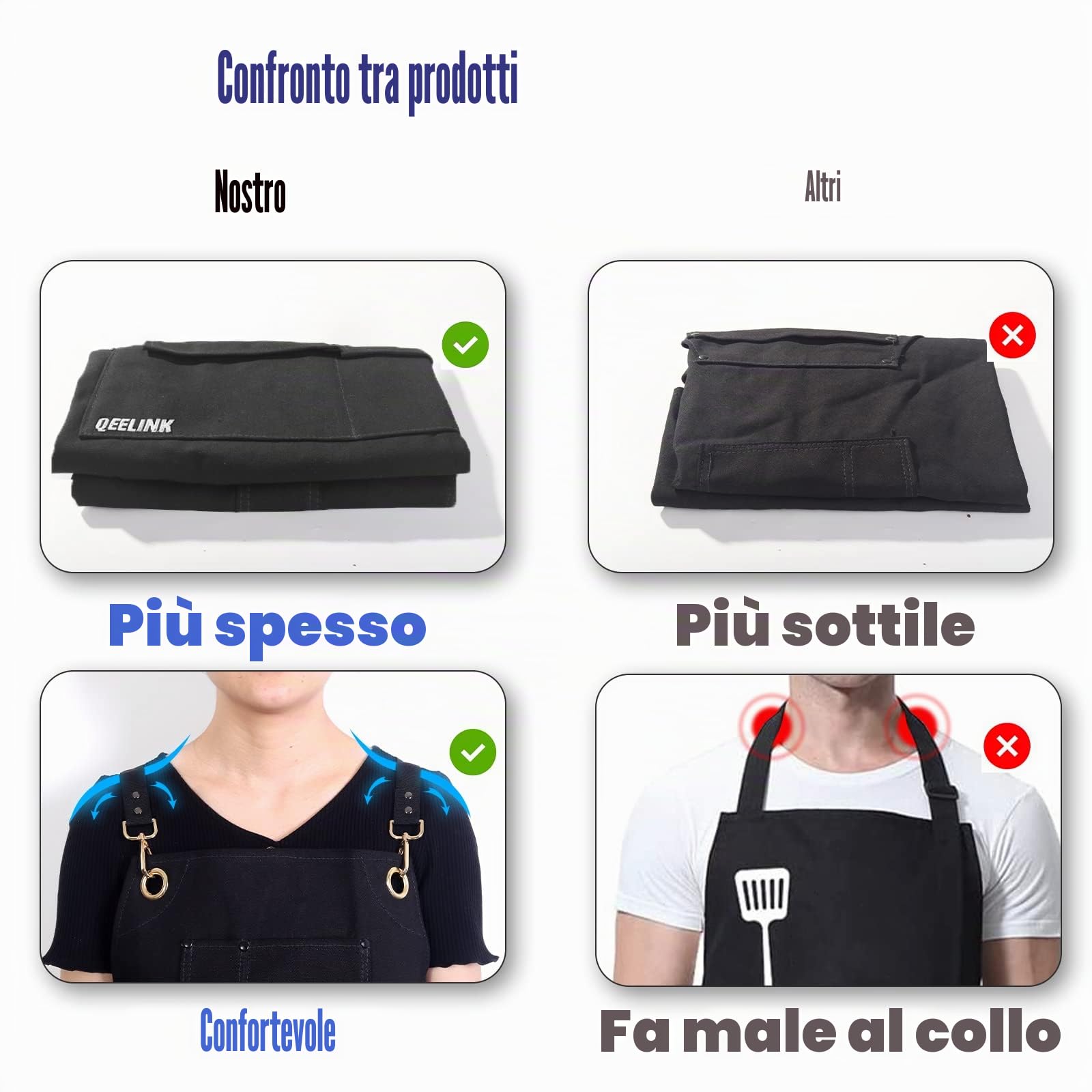 QeeLink Grembiule Cucina Uomo e Donna per Cuoco Ristorante e Griglia con 10 Tasche, Grembiule Barbecue Impermeabile con Cinturino Incrociato sul Retro, Regolabile da M a XXXL