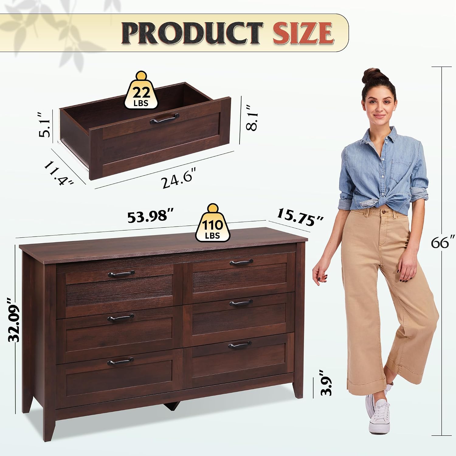 Diagram showing the detailed dimensions of the WLIVE 6-Drawer Wood Dresser and its individual drawers.