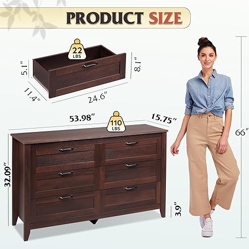 Miniatura 3 de WLIVE Cómoda de madera para dormitorio, cómoda doble de 6 cajones con mango de metal, cómoda grande de madera para sala de estar, pasillo, armario,