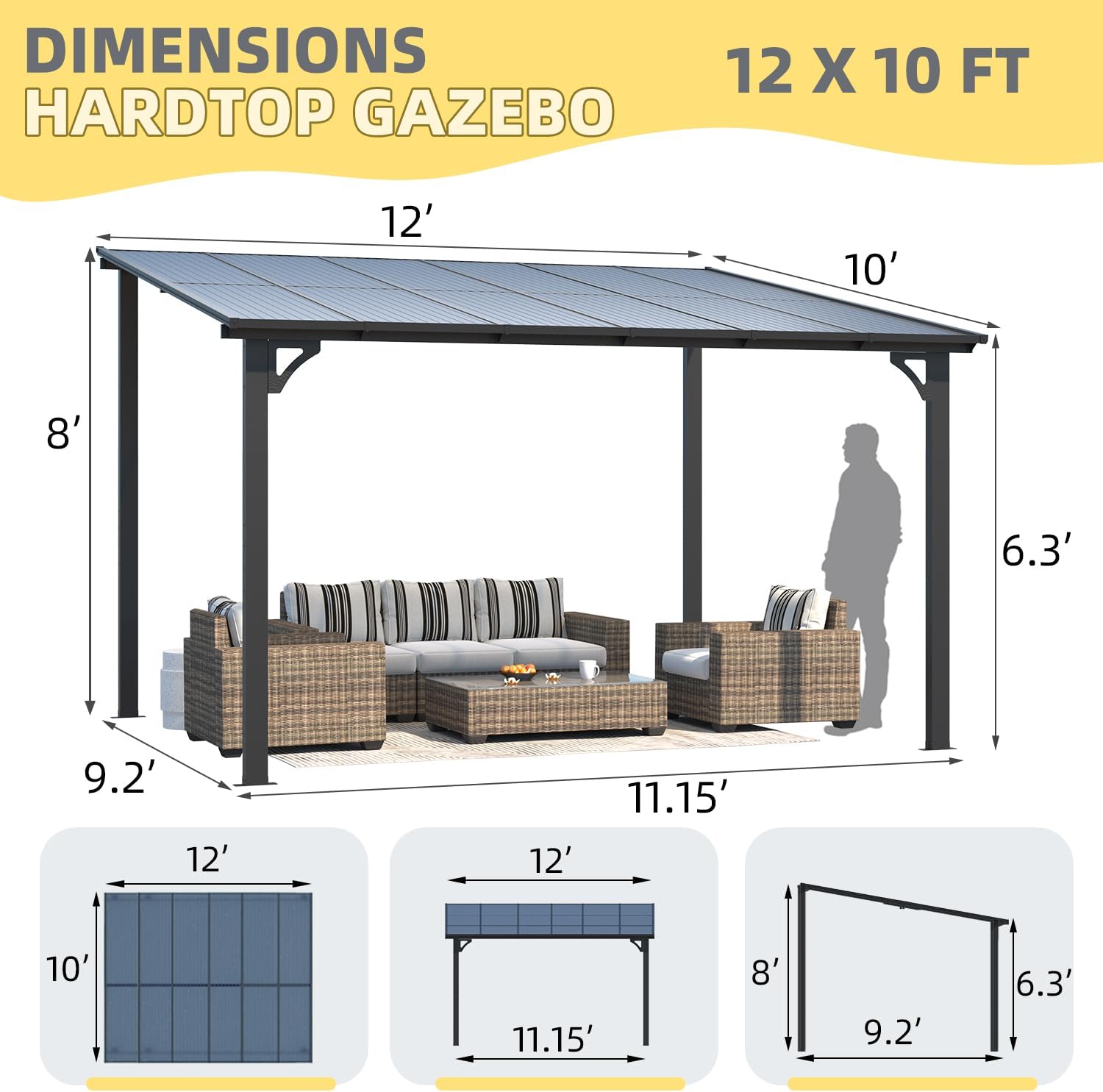 Diagram showing the dimensions of the U-MAX 10' x 12' Outdoor Pergola Gazebo