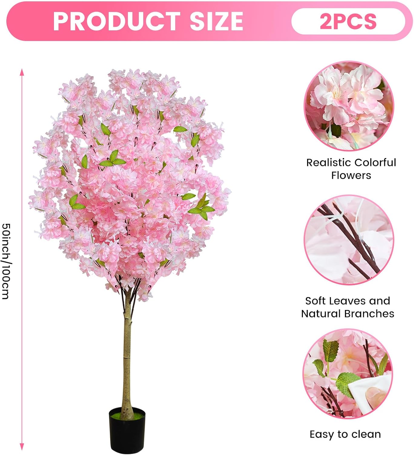 2 Pack Artificial Cherry Blossom Tree,4FT Faux Cherry Blossom Plant in Pot with Pink Flowers,Artificial Silk Plants for Indoor Outdoor Decor,Front,Living Room,Office,Patio