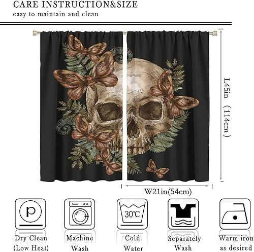 Miniatura 2 de Cortinas opacas de calavera de Halloween, diseño de mariposa, gótico, esqueleto, negro, con bolsillo para barra, para dormitorio, sala de estar,