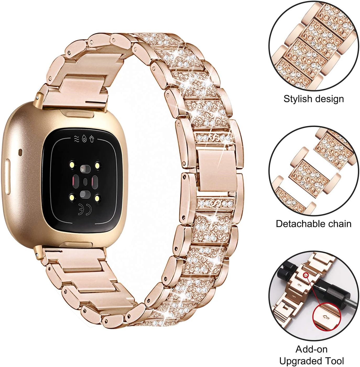 Compatible with Fitbit Versa 4/Sense 2 with Case Women, Jewelry Replacement Metal Wristband Strap with Bling PC Protective Cover for Fitbit Versa 3/Sense (Fitbit Versa 4/Sense 2, Rose Gold) - Image 3
