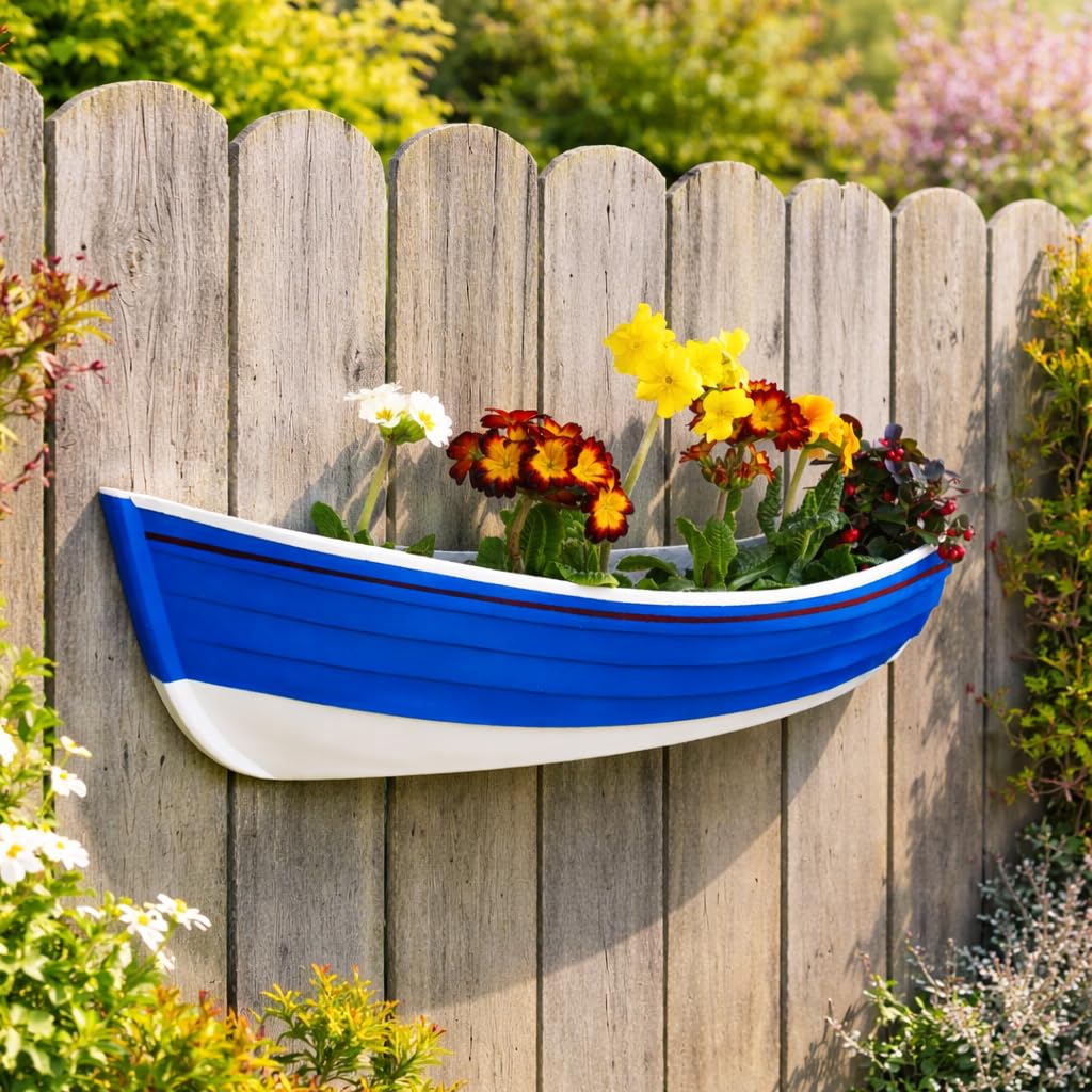 Callow Retail Blue Nautical Boat Wall Planter – Fibreglass Hanging Cobble Boat Flower Pot Planter For Garden & Home Decor