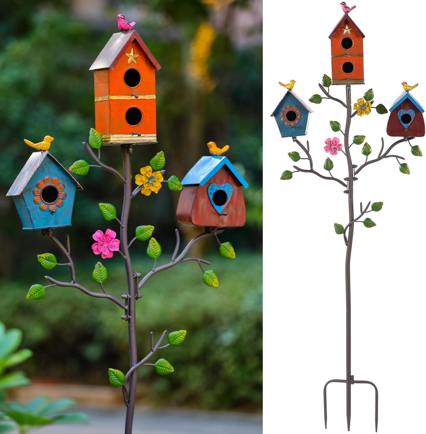 MOCOME Multi Bird Houses for Outside with Pole - Durable Colorful 3-in-1 Metal Birdhouse Stake, Easy Clean & Assemble