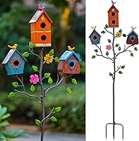 MOCOME Multi Bird Houses for Outside with Pole - Durable Colorful 3-in-1 Metal Birdhouse Stake, Easy Clean & Assemble