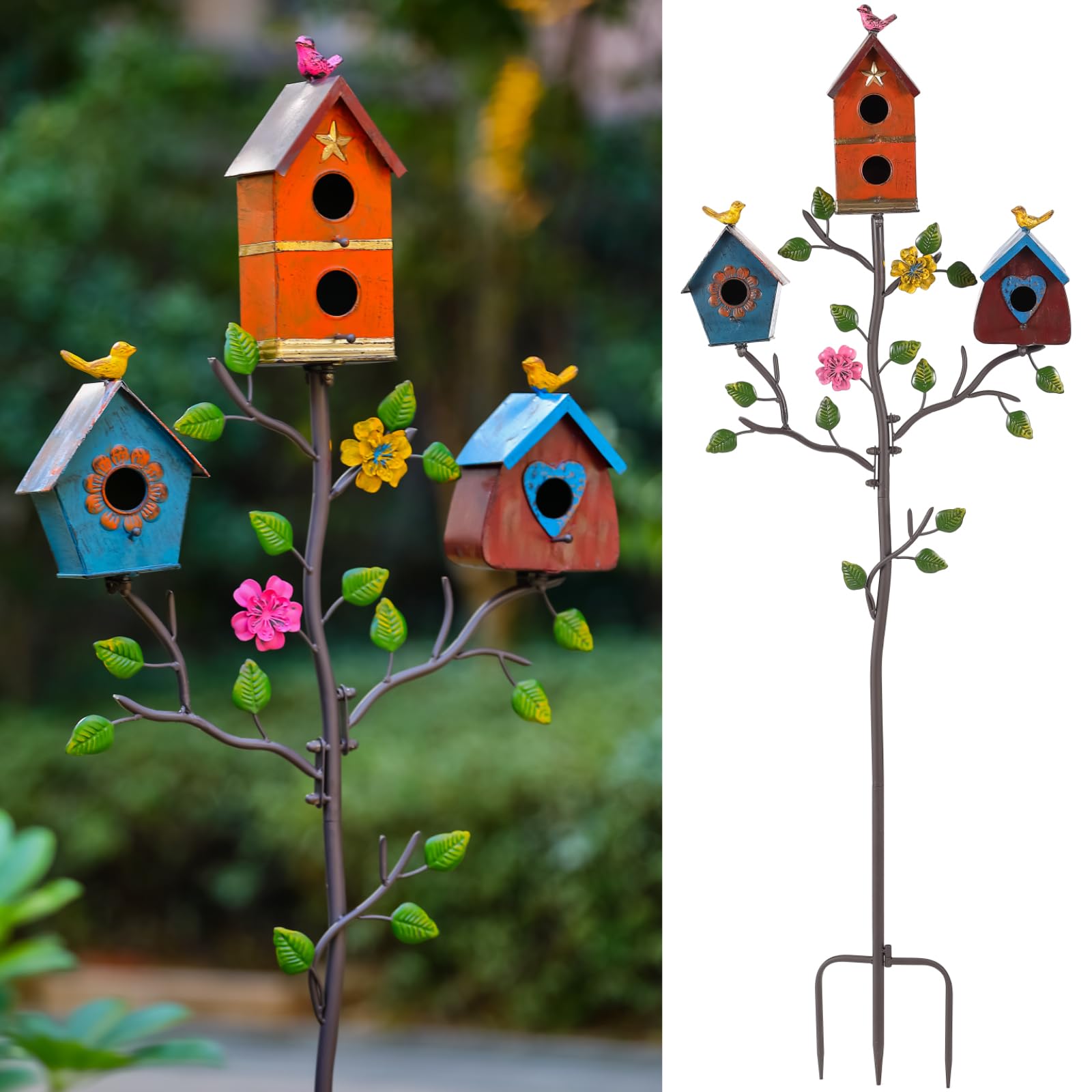 Casas para pájaros múltiples para exteriores con poste, casa de pájaros colorida duradera en estaca, fácil de limpiar, casas de pájaros de metal para exteriores