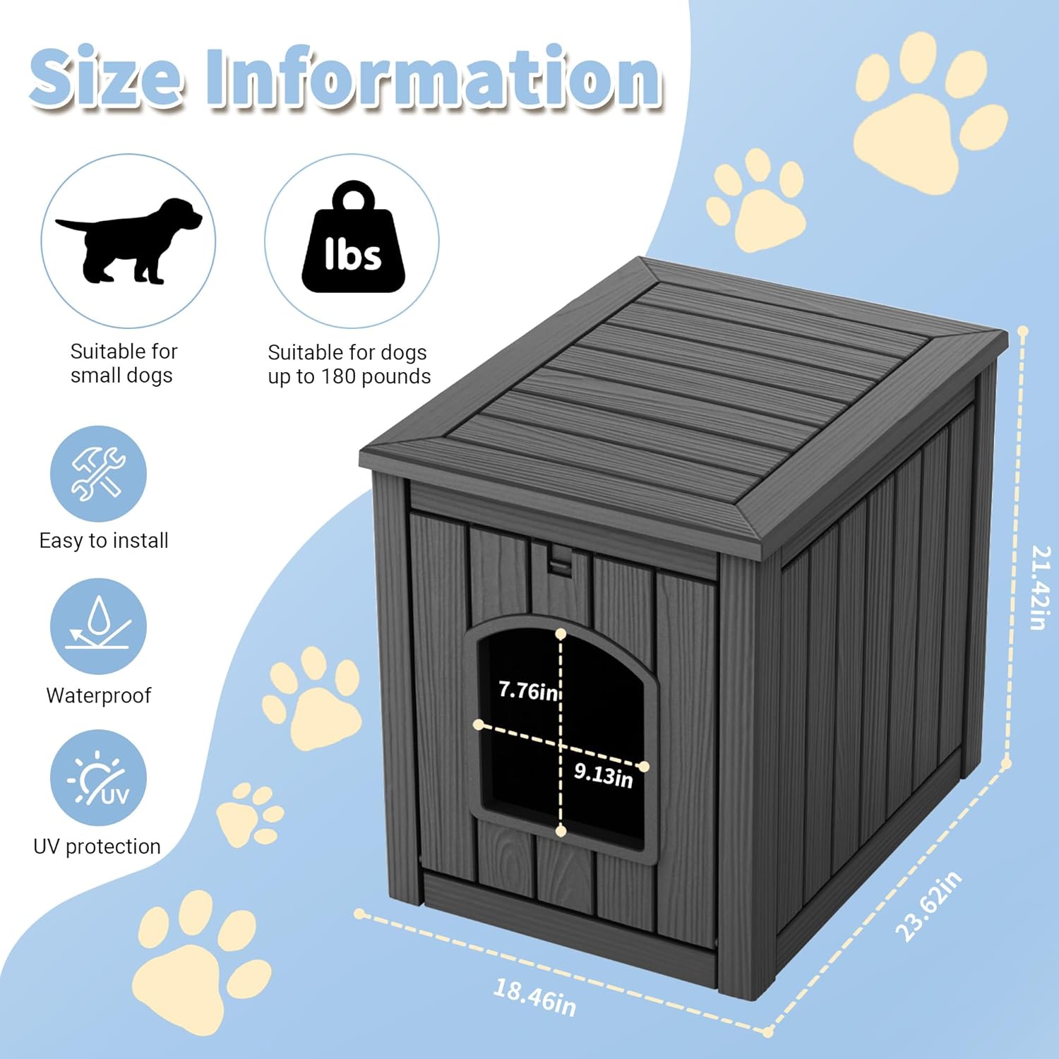 Dog House Outdoor Small Dog House Indoor Outdoor Multi-Functional Waterproof with Safety Lock Easy Assembly Elevated Floor for Small to Medium Dogs, Black