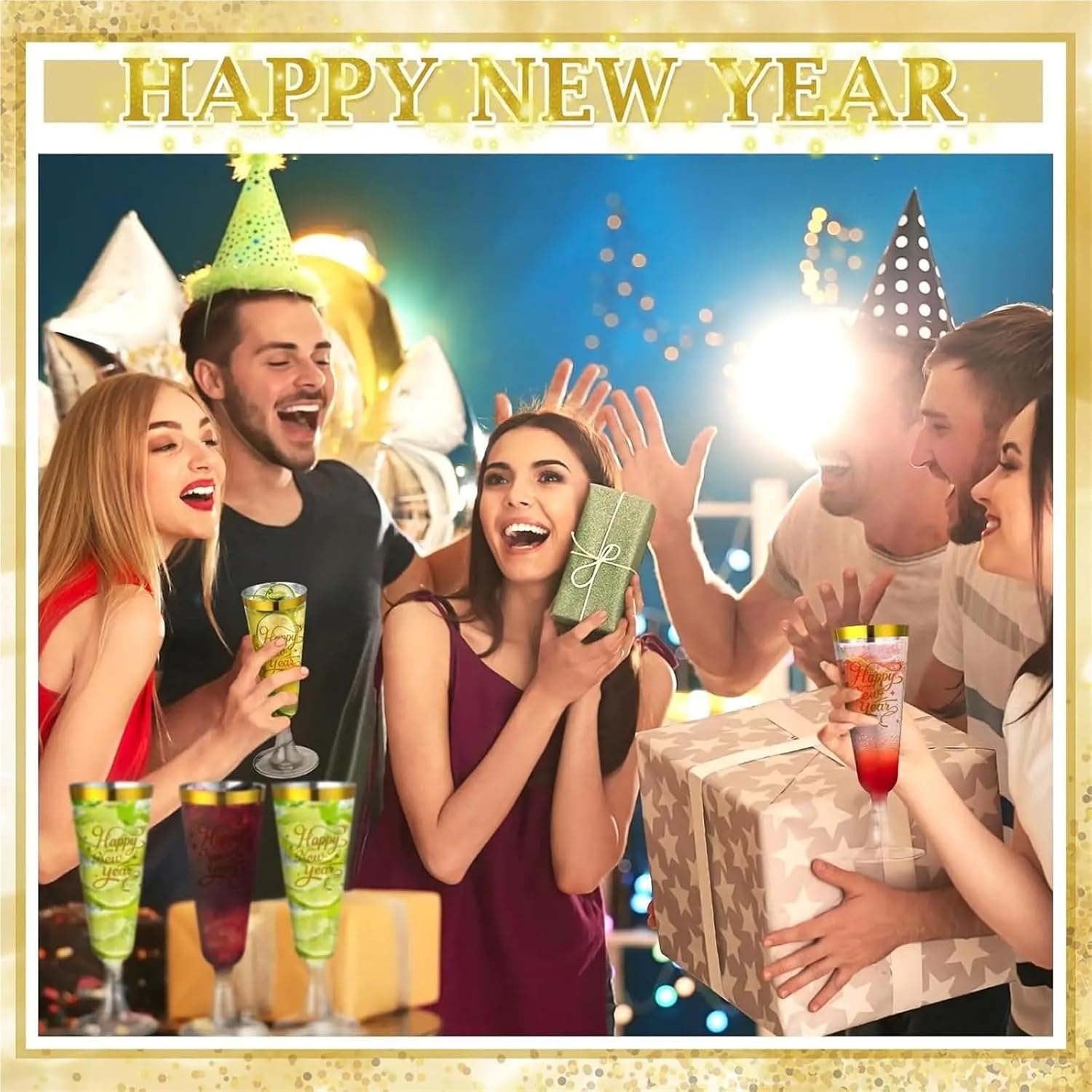 Plastic Champagne Flutes Disposable 48 Pack 2026 Happy New Year Gold Rim Plastic Champagne Flutes 5oz Disposable Party Cups