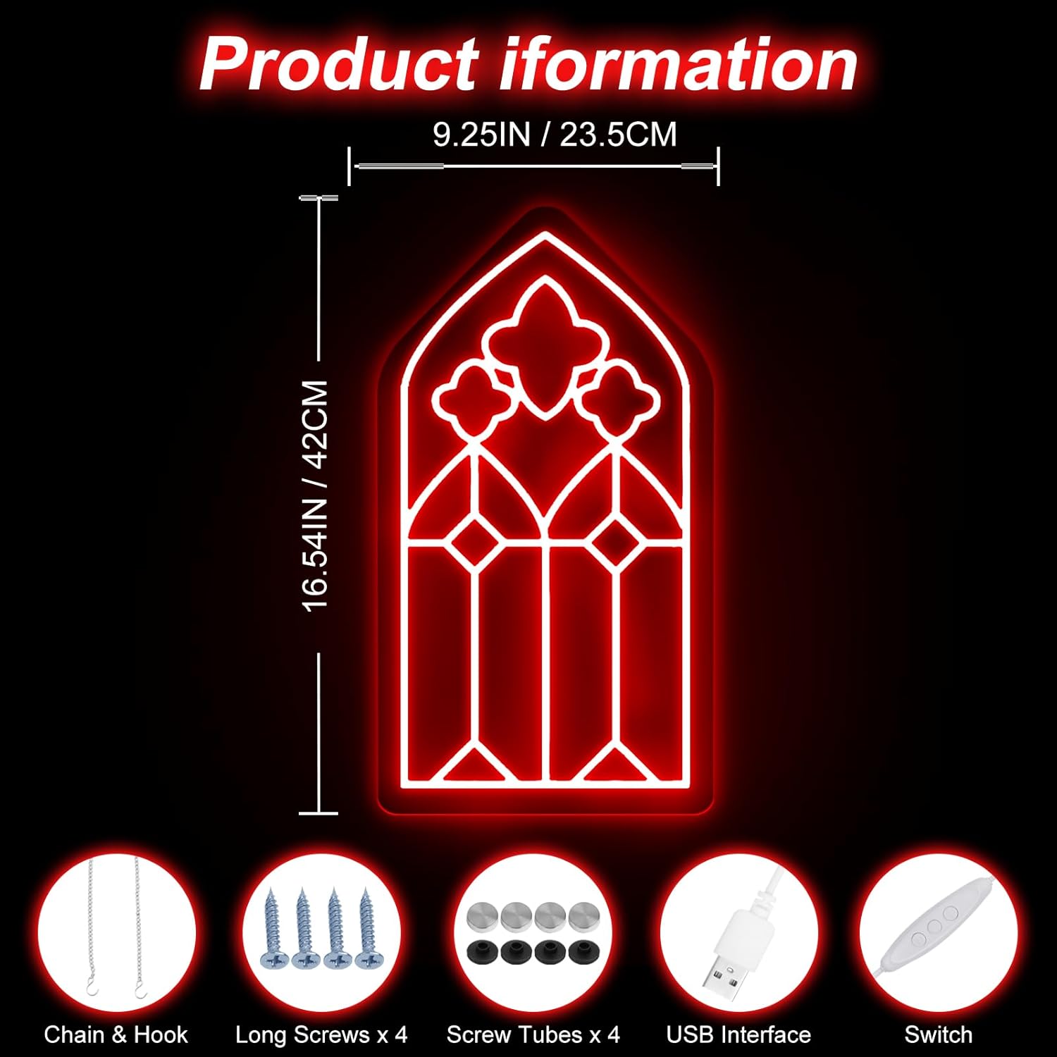 Gothic Murals Neon Sign, Gothic Lover Gift, Dark Cathedral Window Sign, Witch Decor, Halloween & Home Ambiance, Gothic Satan Sigil, Dark Academia Gothic Home Decor for Bedroom, Office, Bar-Red-16.5"
