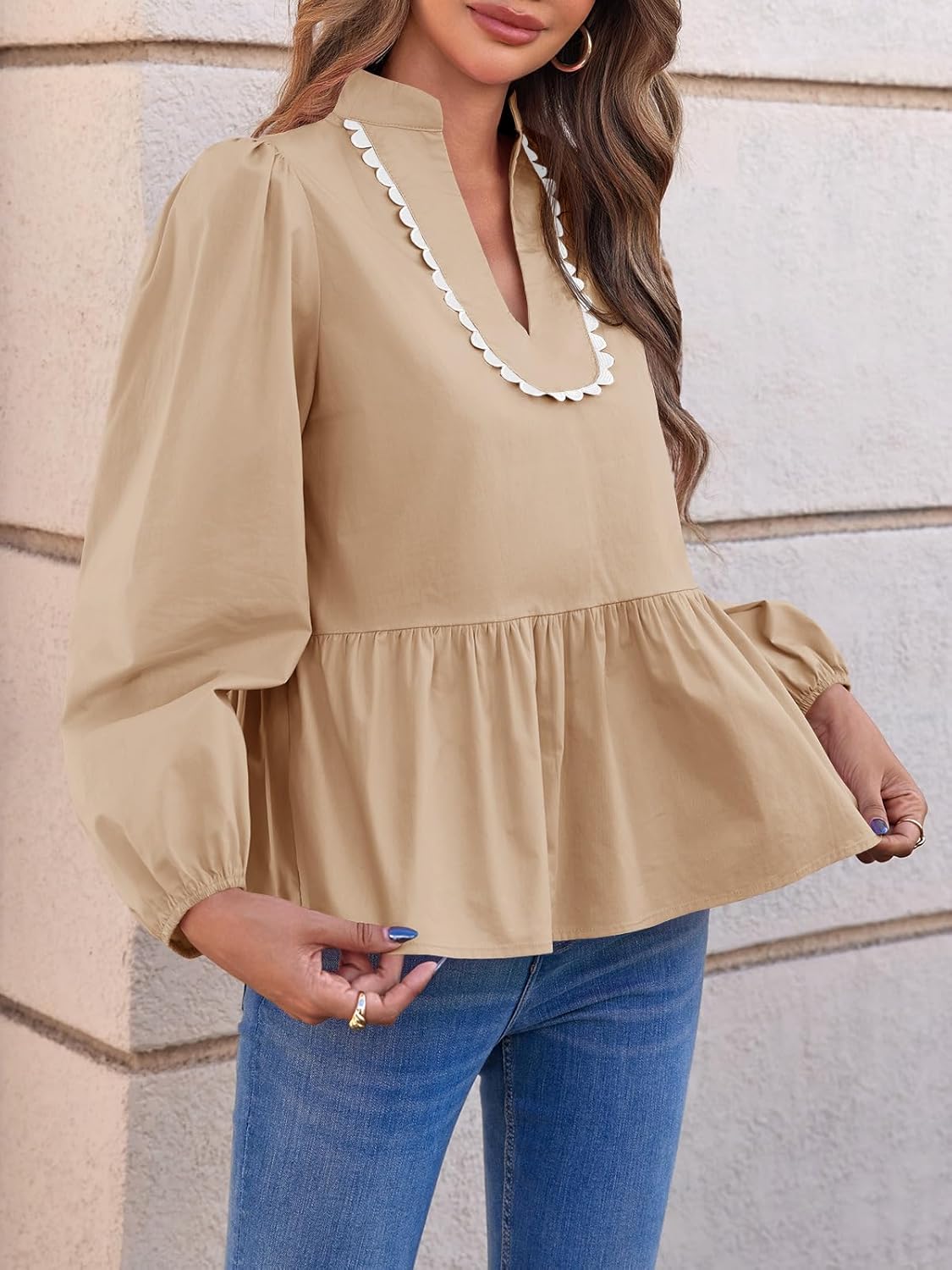 Cicy Bell Womens Puff Long Sleeve Peplum Blouses Babydoll V Neck Ruffle Tops Cute Cotton Loose Fit Shirts - Image 5