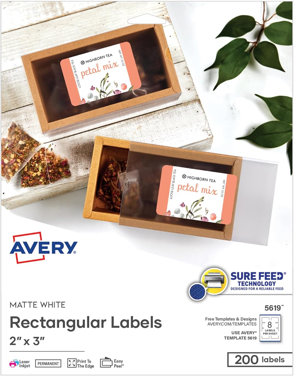 Printable Rectangular Labels, Sure Feed Technology, 2" x 3", Matte White, Permanent Adhesive, Laser/Inkjet Printable, 200 Blank Labels, Great for Product Merchandising, Stickers, and More (5619)