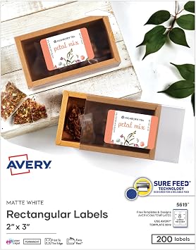 Avery Printable Rectangular Labels, Sure Feed Technology, 2 x 3, Matte White, Permanent Adhesive, Laser/Inkjet Printable, 200 Blank Labels, Great for Product Merchandising, Stickers, and More (5619)