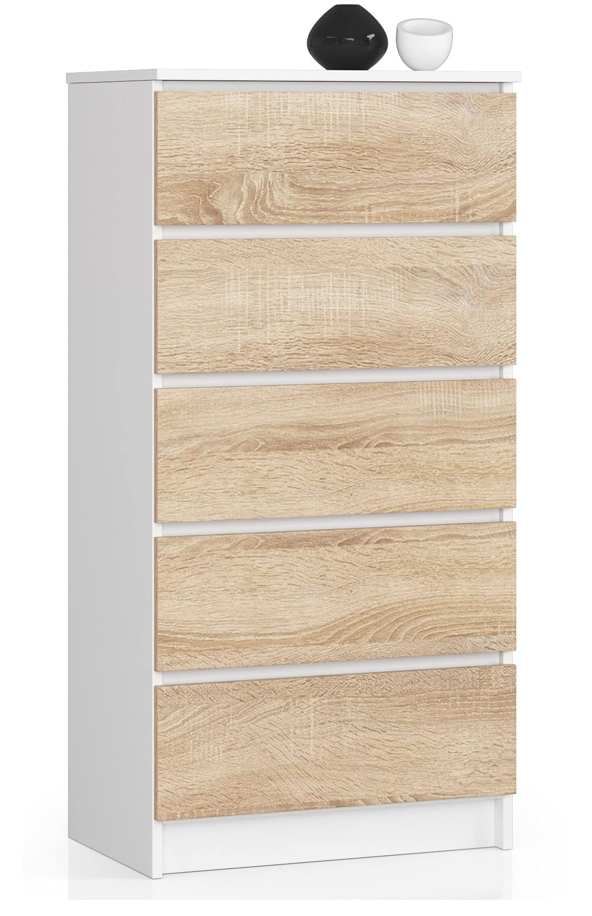 AKORD Commode K60 avec 5 tiroirs | Commode Classique pour La Chambre, Salon | Meuble de Rangement | L60 x H121 x P40 cm | Poids 39 kg | Blanc/​Chêne Sonoma
