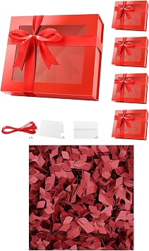 PACKQUEEN 5 Extra Large Red Gift Boxes with Windows, 16.3x14.2x5 Inches Clear Gift Boxes for Presents Contain Ribbons, 1LB Crinkle Cut Paper Shred Filler