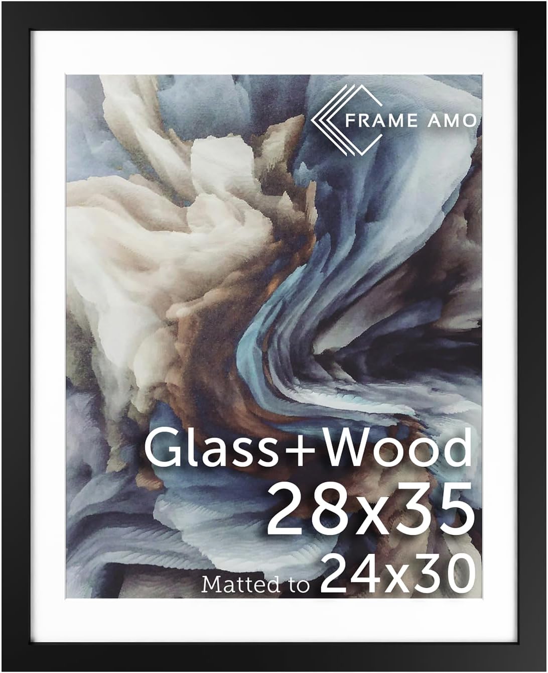 Frame Amo 28x35 Black Solid Wood Poster Frame, White Mat for 24x30 Image, Tempered Glass Front, 1.5 inch Wide, 1 inch Thick, High-End, Heavy-Duty, Gallery Grade & Acid-Free