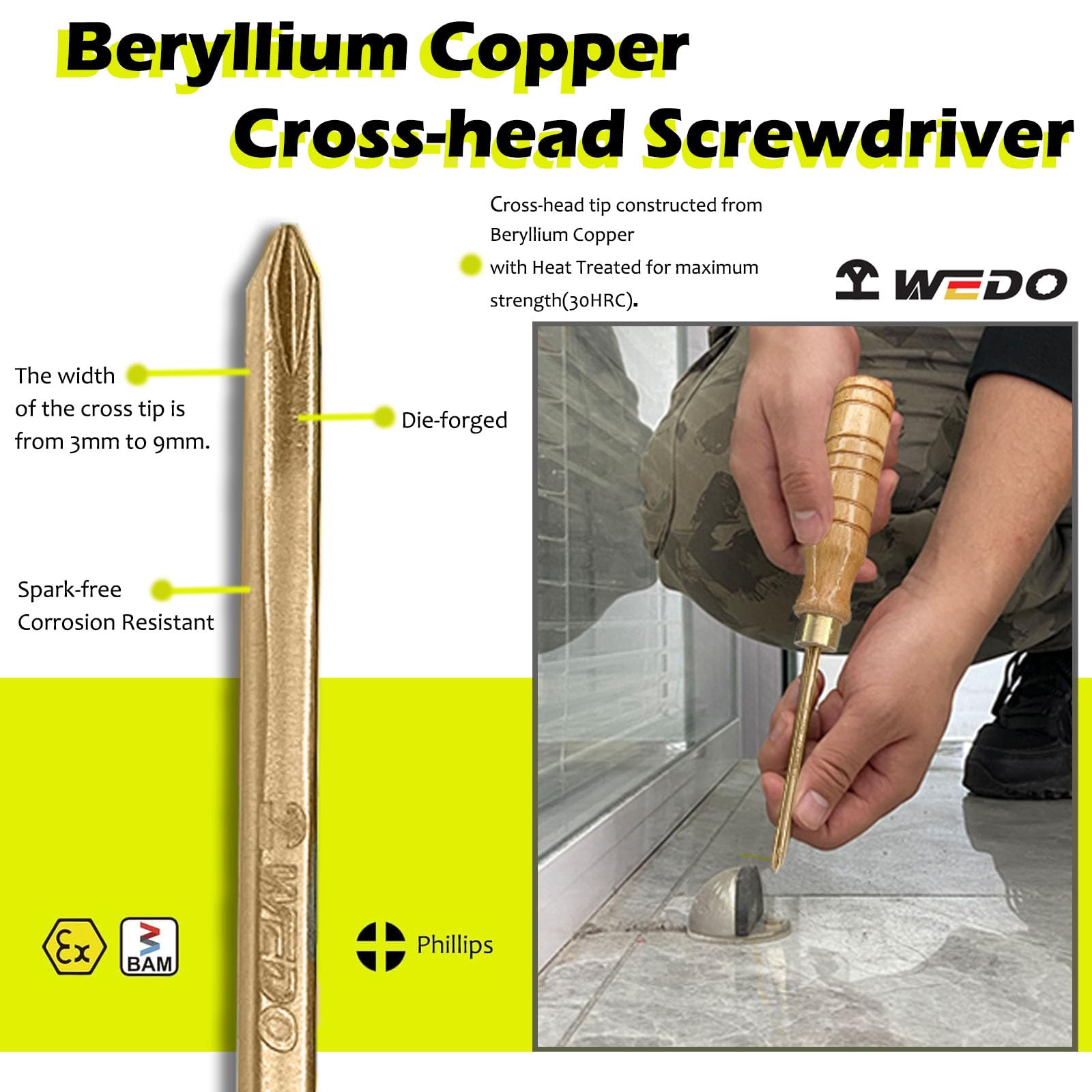 WEDO Cacciavite Giravite a croce senza scintillio con manico in legno, cacciavite a croce di sicurezza senza scintillii, rame al berillio, non magnetico,BAM e FM, 9 pollici, 6 x 125 mm
