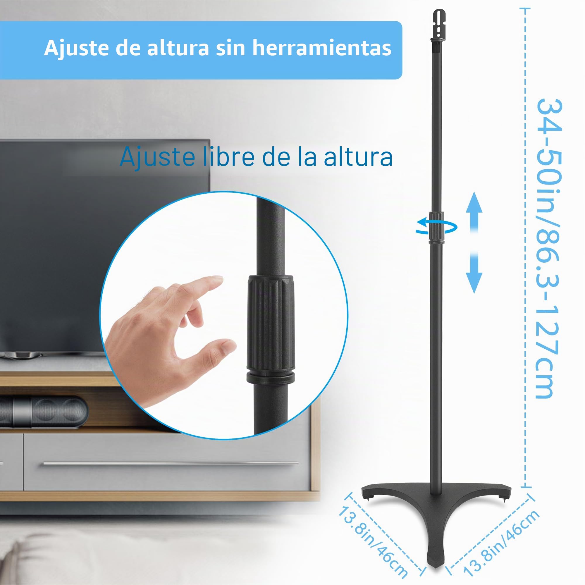 OUUTMEE - Juego de 2 soportes de altavoz ajustable en altura 86-127 cm | Patas de altavoces universales, soportes para altavoces en el suelo, base triangular, gestión de cables
