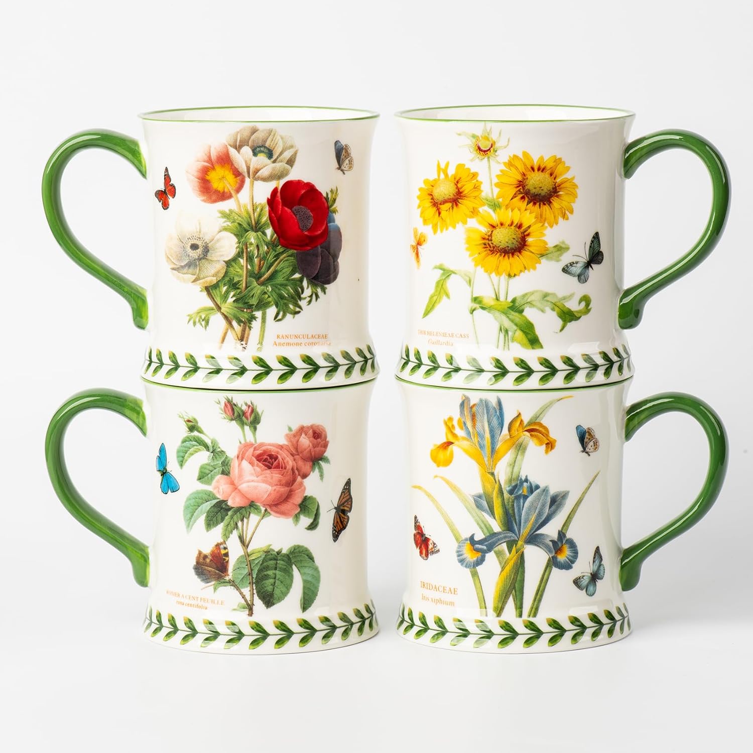 Ceramics 13.5oz Coffee Mugs Set of 4, floral pattern, Modern Ceramic Coffee Mugs Set with handle for Tea/Latte/Cappuccino/Milk/Cocoa, Microwave and Dishwasher Safe, gift box packaging (color mixing)