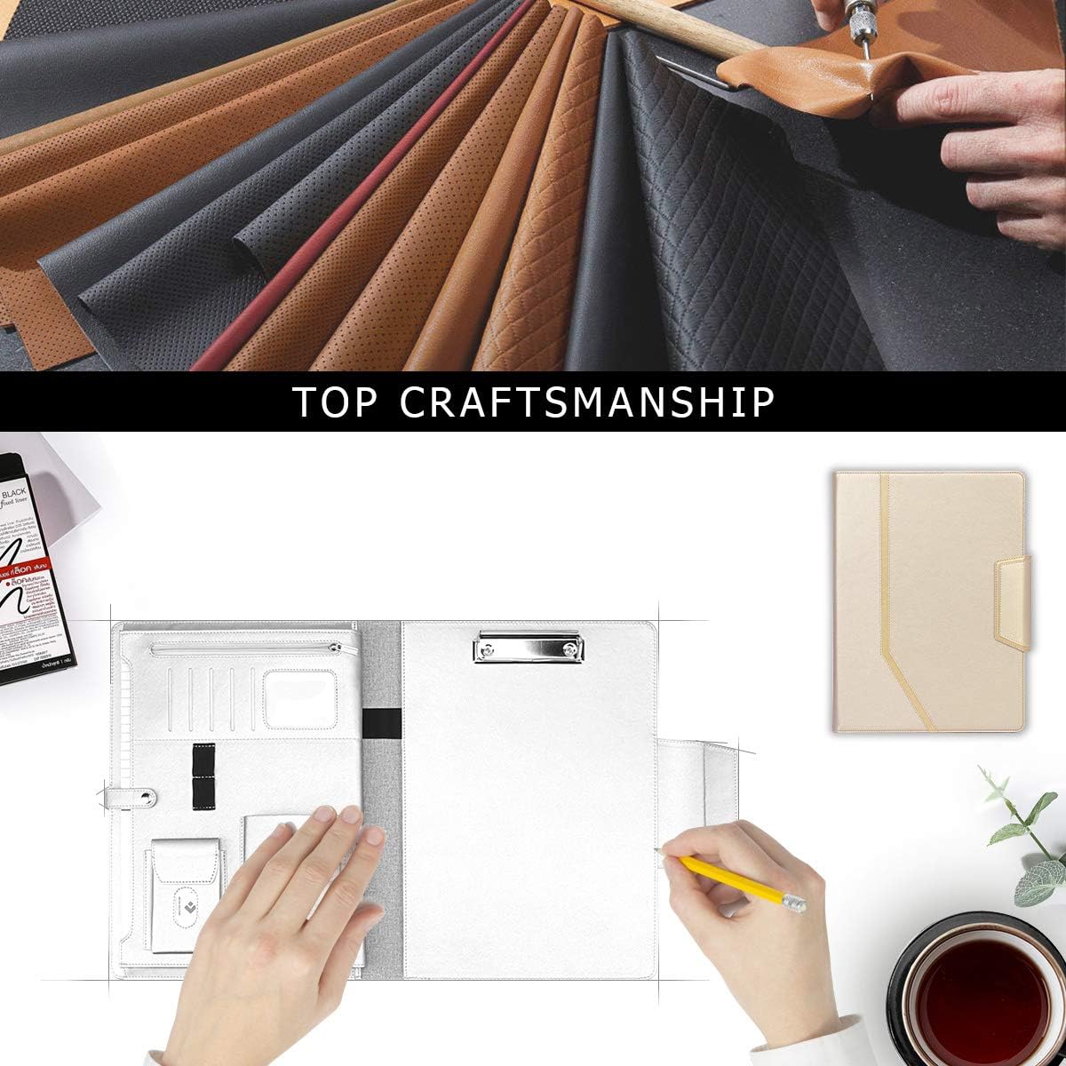 Toplive Padfolio Portfolio Case, Executive Business Padfolio with Document Sleeve, Letter/A4 Size Clipboard, Business Card Holders, Portfolio for Women & Men, Matte Gold - Image 7