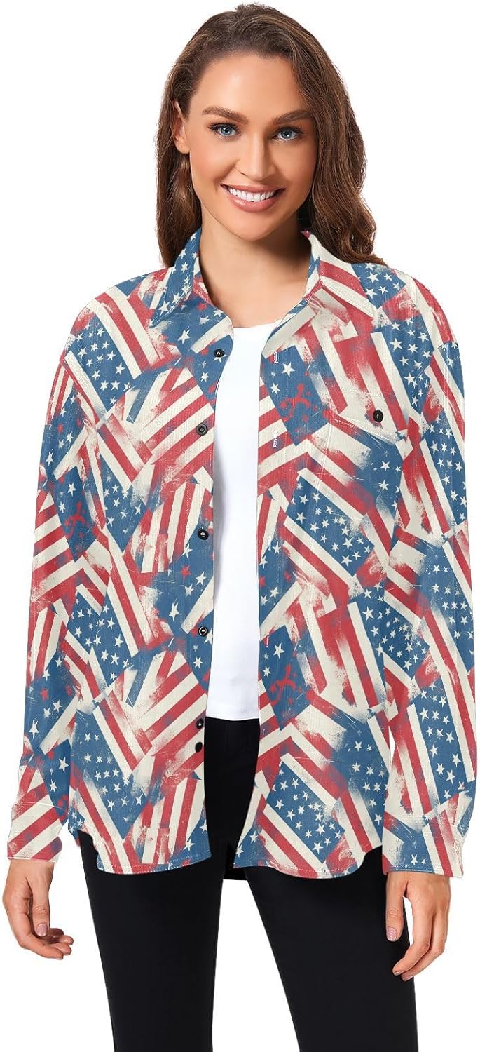 KLL American Flag Pattern Women's Men's Regular-Fit Rugby Shirts Outdoor Long Sleeve Tops