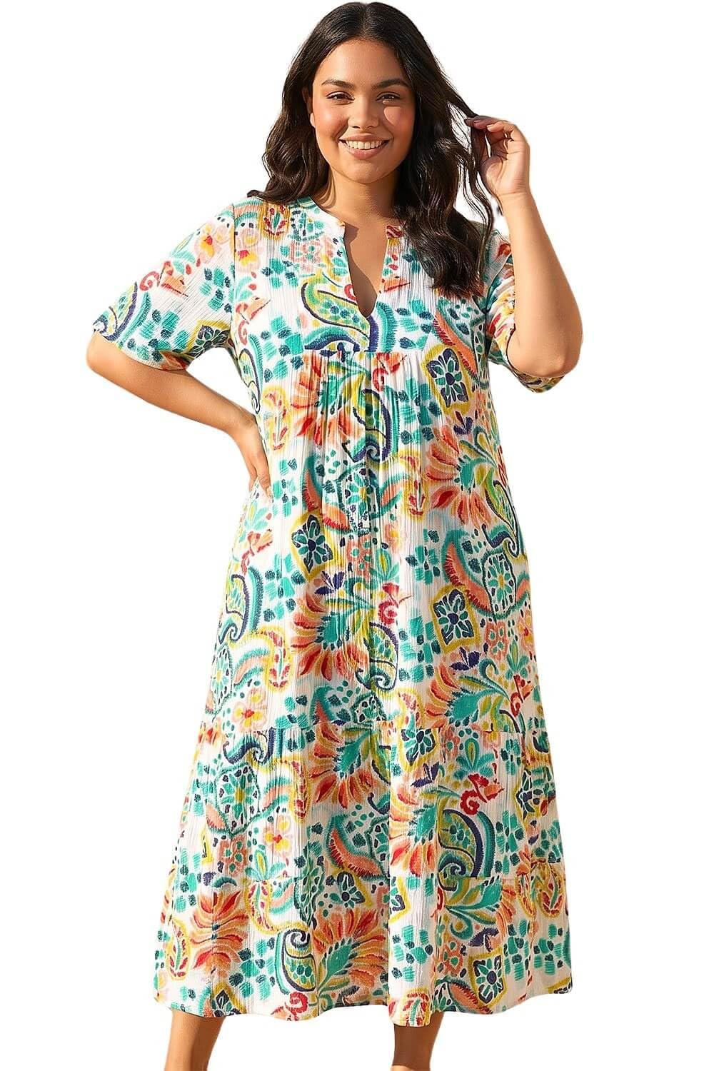Roman Originals Women's Blue Plus Roman Curve Printed V-Neck Midi Dress For Uk - Everyday Holiday Spring Summer V-Neckline Comfy Soft Evening Vacation Work Party - Size 30