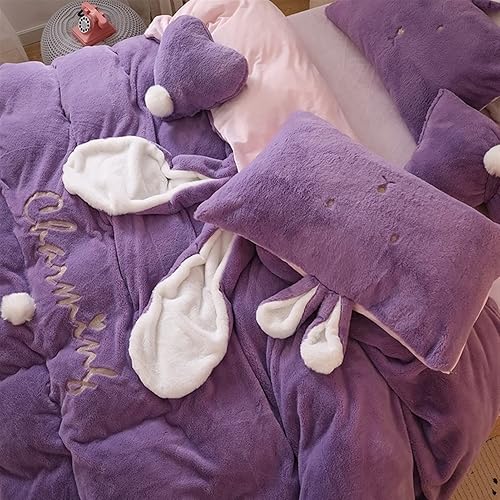 Miniatura 10 de Juego de funda de edredónjuego de ropa de cama suave de terciopelo polar con orejas de conejo, juego de funda de edredón de franela cálida, perfecto