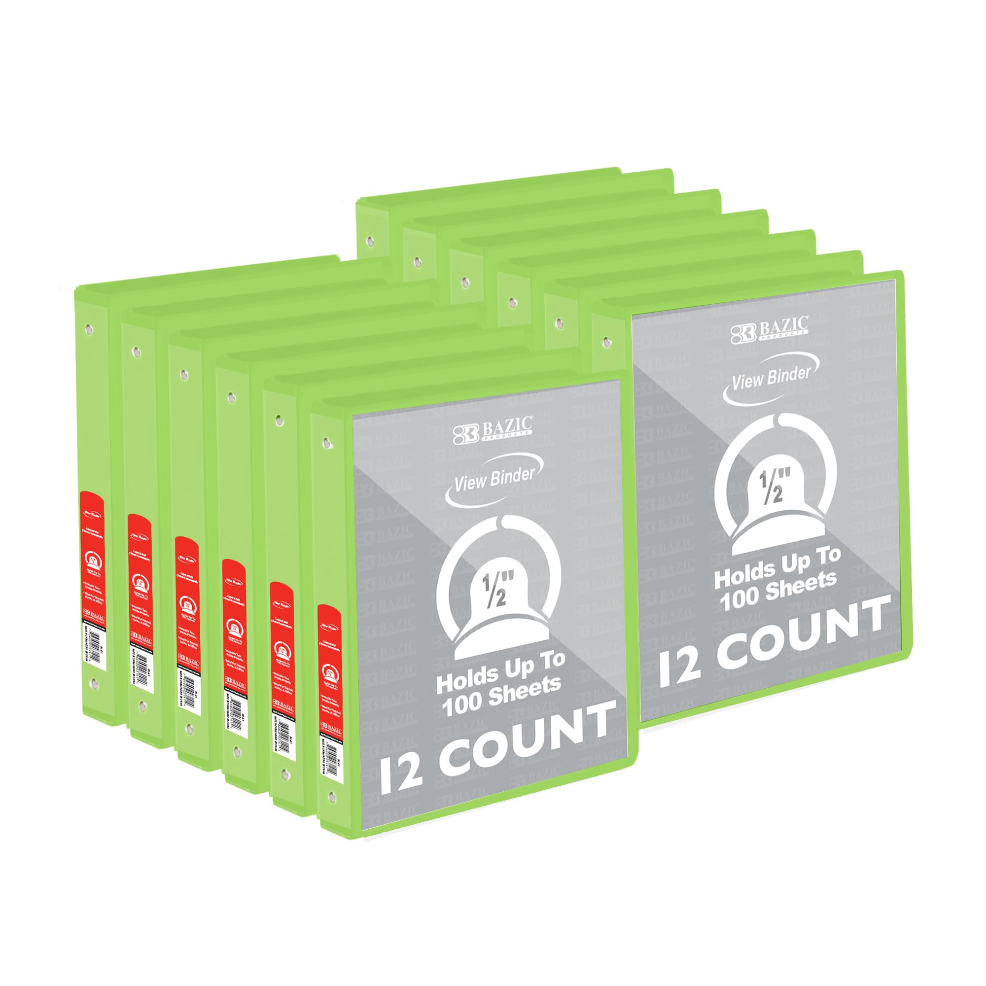 BAZIC Products 1/2 in Lime Green 3-Ring View Binder, Round Ring, 12-Case