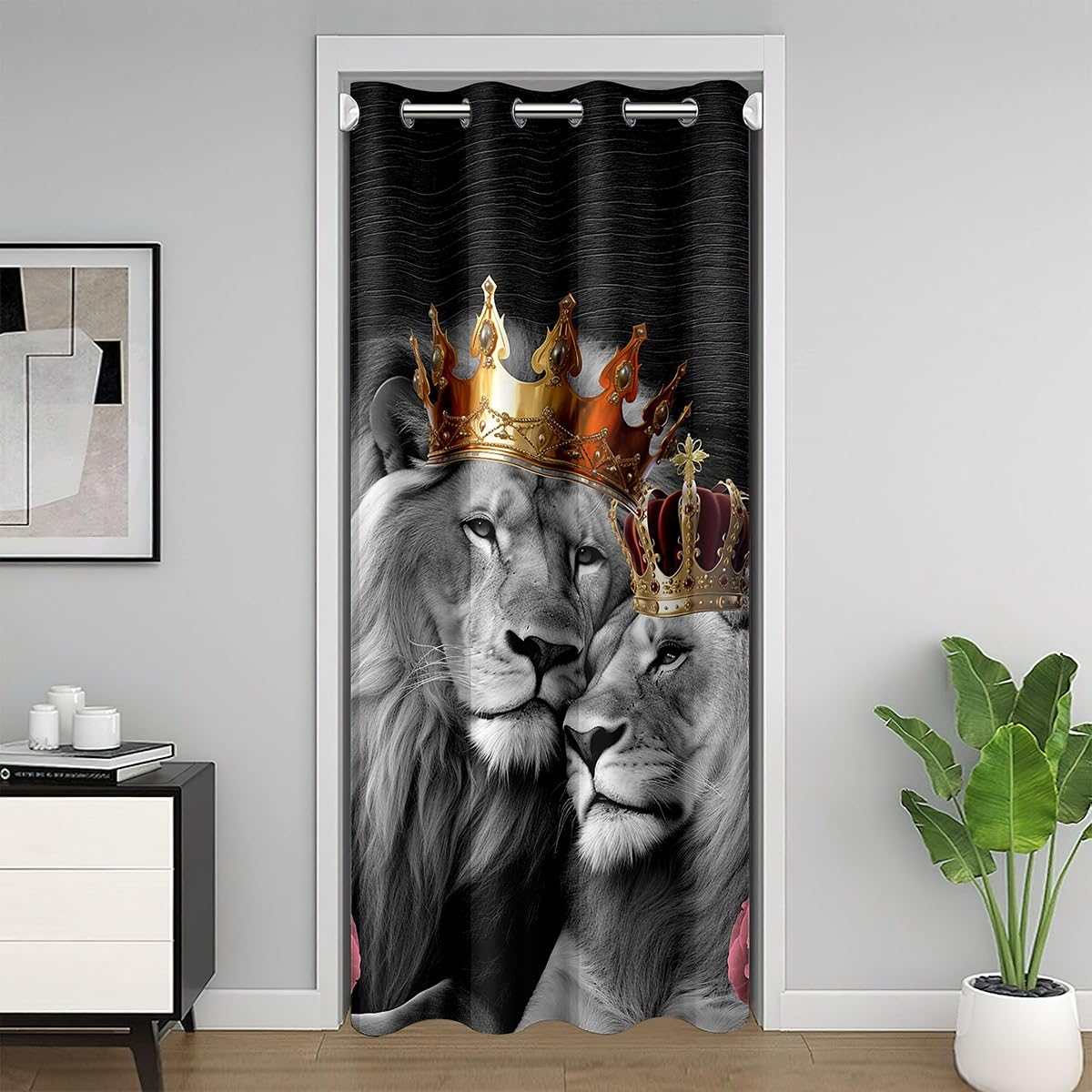 Valentine's Day Themed Door Curtain Retro Romantic Style Pink Rose Doorway Curtain Privacy for Kids Teens Adults Gray Lion Couple Wild Animals Door Drape for Bedroom Closet Door 34" W X 80" L