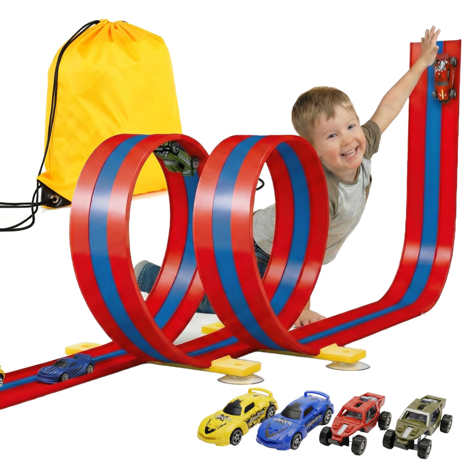 Kosmoflux 3-Lane Flexible Race Track Set, 5M Wide Bendy Car Track with 2 Loops, 2-in-1 Gravity & Pull-Back Racing Car Toy for Loops, Jumps, Ramps, Indoor Outdoor Gift for Boys Girls 3-8 Years (Red)