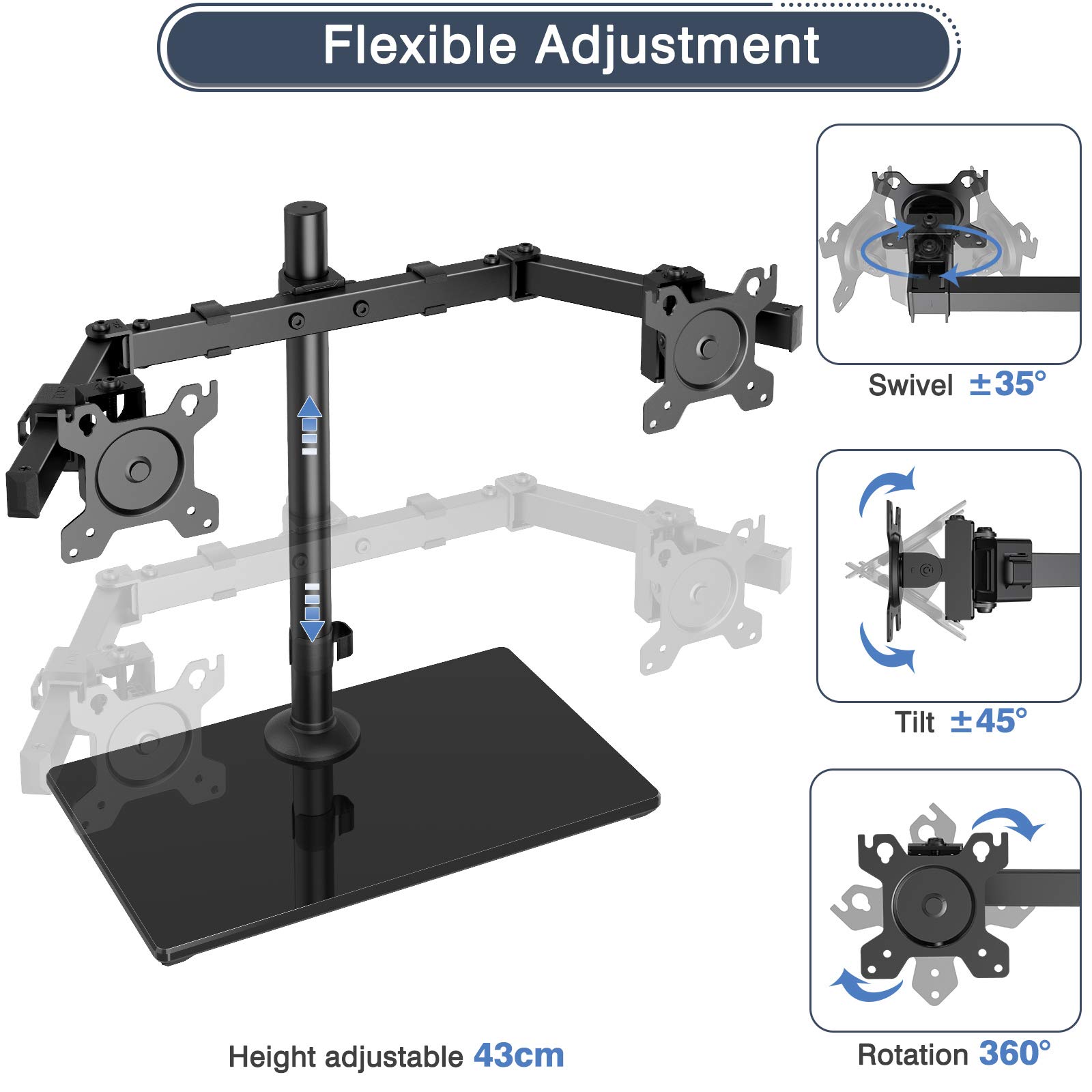 ErGear Dual Monitor Stand for 13" 32"/12KG Screen Solid Tempered Glass